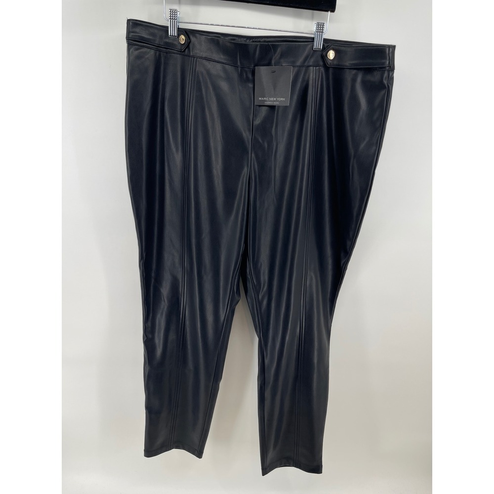 Marc New York Faux Leather Pants Women 3X Black NEW Tapered Gold Button Seamed